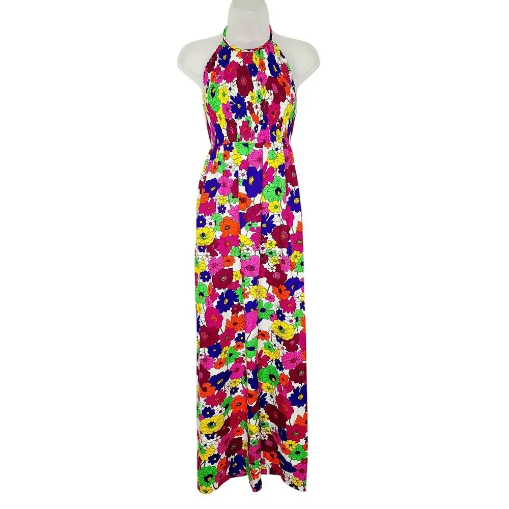 60s halter dress 1960's Retro Print Hippie Maxi Halter Dress